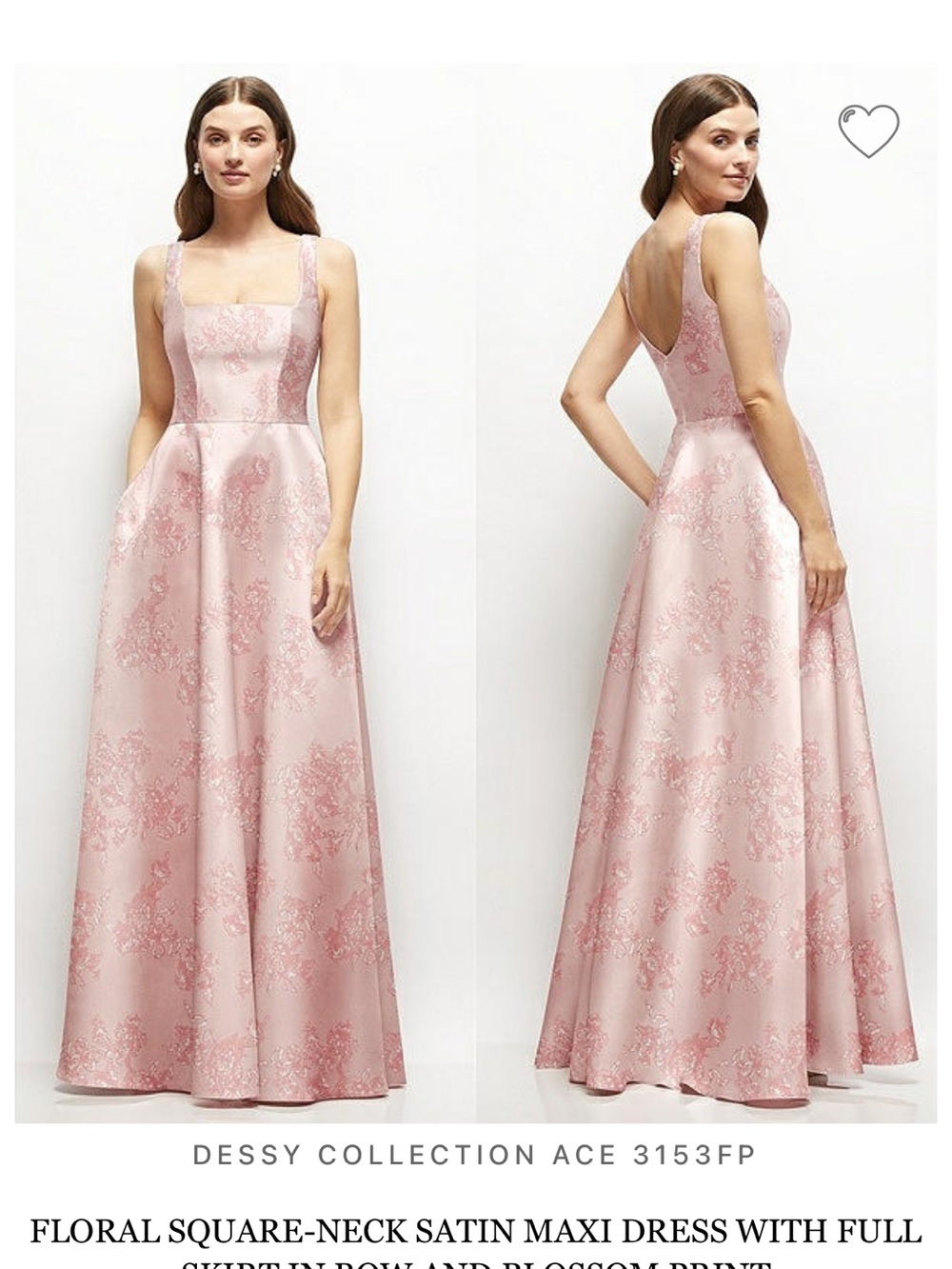 Dessy Collection Blush Pink Floral Square-Neck Satin Dress-Sleeves Added